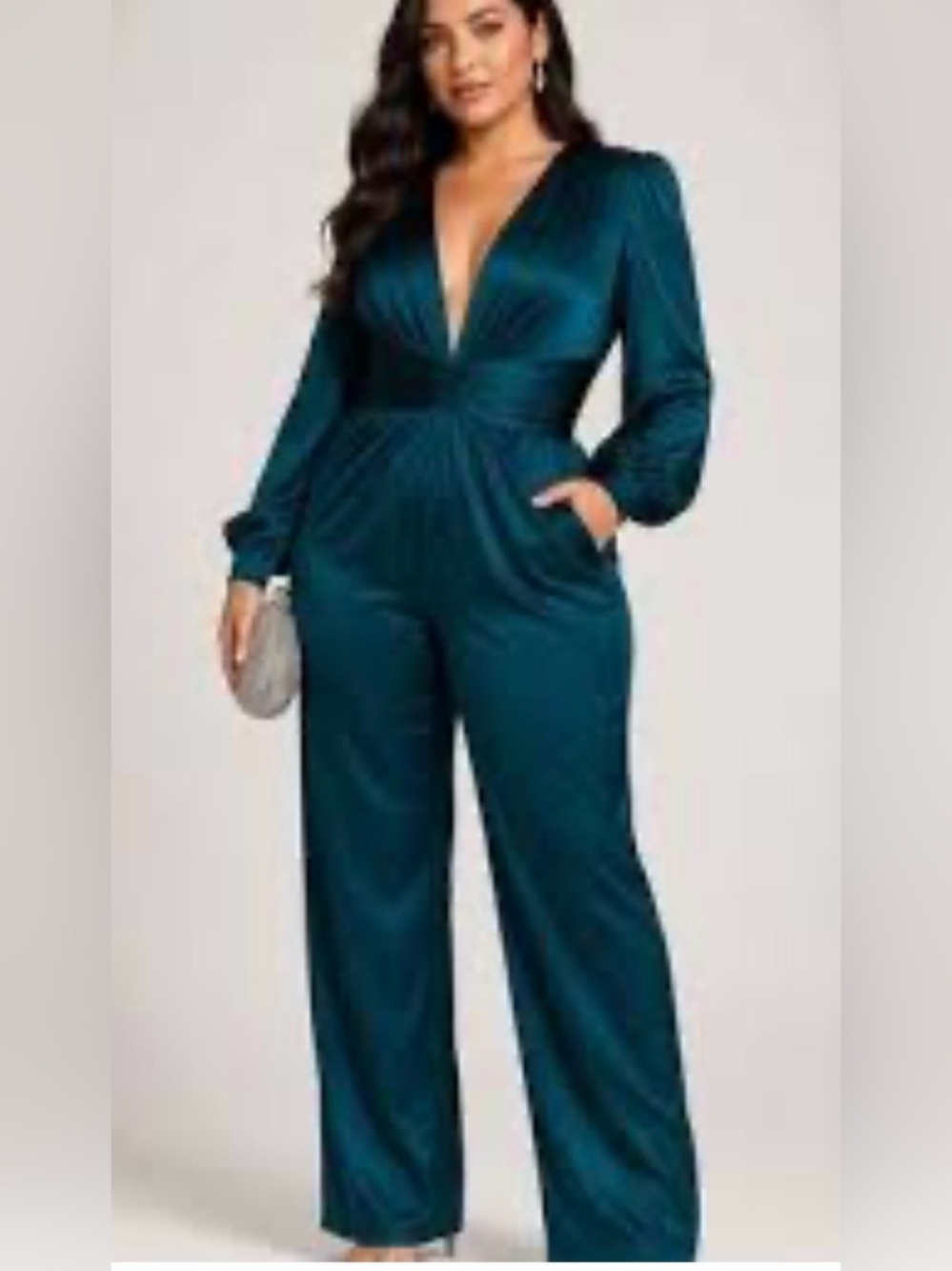 NWT Mac Duggal (2647) Satin Plunging V Neck Long Sleeve Jumpsuit in Teal Size 14
